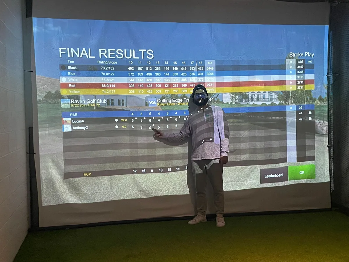 Anthony G pointing to his score on the simulator’s final results screen at Raven Golf Club