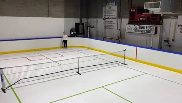 The pickleball net set up on the court